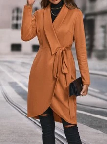 SHEIN Clasi Shawl Collar Wrap Knot Side Faux Suede Dress Fall Cloth For Women - Coffee - View 5