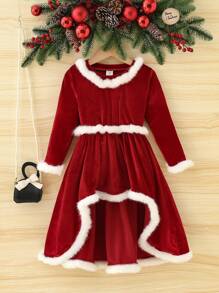 SHEIN Cô Gái Trẻ Trang trí Fuzzy Viền không đối xứng Nhung Đầm - Đỏ - Xem 3