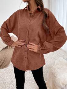 SHEIN Essnce Chất rắn Nút phía trước Thả vai Vải to sợi Áo sơ mi - Gỗ đỏ - Xem 3