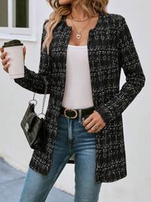 SHEIN Clasi 格子前开式粗花呢大衣，女士春/秋季优雅常规袖常规版型黑白粗花呢格子女式大衣，职业/商务装/工作服 - 黑與白 - 查看 1