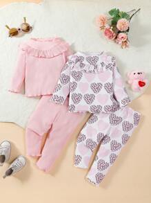SHEIN Bebé niña 2 piezas Camiseta con estampado de corazón ribete con fruncido & 2 piezas Pantalones - Rosa - Ver 1