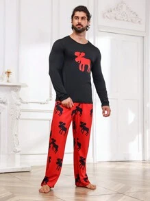 Hombres Conjunto de pijama con estampado de animal - Negro - Ver 3