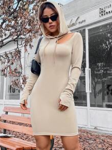 SHEIN Unity Cut Out Drawstring Hooded Bodycon Dress - Apricot - View 5