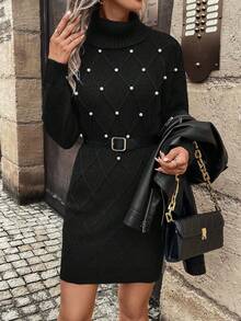 SHEIN Frenchy 女式珍珠釘高領毛衣裙 - 黑色 - 查看 5
