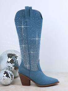 SHUZIA Rhinestone Decor Point Toe Chunky Heeled Denim Boots - Blue - View 3