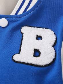 SHEIN Chàng trai trẻ Lá thư & Bản vá Gấu Sọc trang trí Áo khoác Đại học - Màu xanh lam - Xem 7