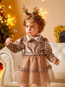 蕾絲拼接 網拼接 多層分層純色嬰童（女）洋裝