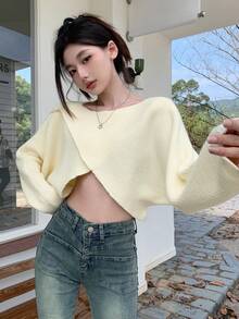 Dazy Star Solid Batwing Sleeve Crossover Crop Sweater - White - View 4