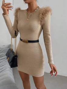 Chiquease Vestido de punto ribete lanudo tejido de canalé sin cinturón - Caqui - Ver 5