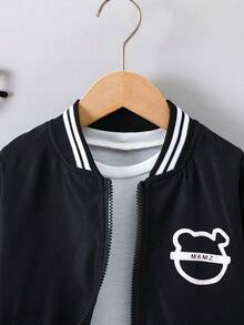 男小童熊和字母圖案條紋飾邊飛行員夾克 - 黑色 - 查看 3