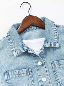 少女雙口袋單排扣短款牛仔外套 - 淺色水洗藍 - 查看 3