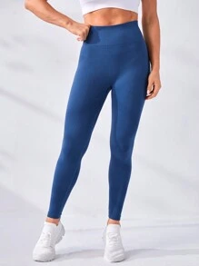 Running Solid Color High-waisted Seamless Sports Leggings - Navy Blue - View 2