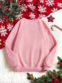 SHEIN EZwear In Giáng sinh Thả vai Lót nhiệt Áo nỉ - Màu Hồng baby - Xem 2