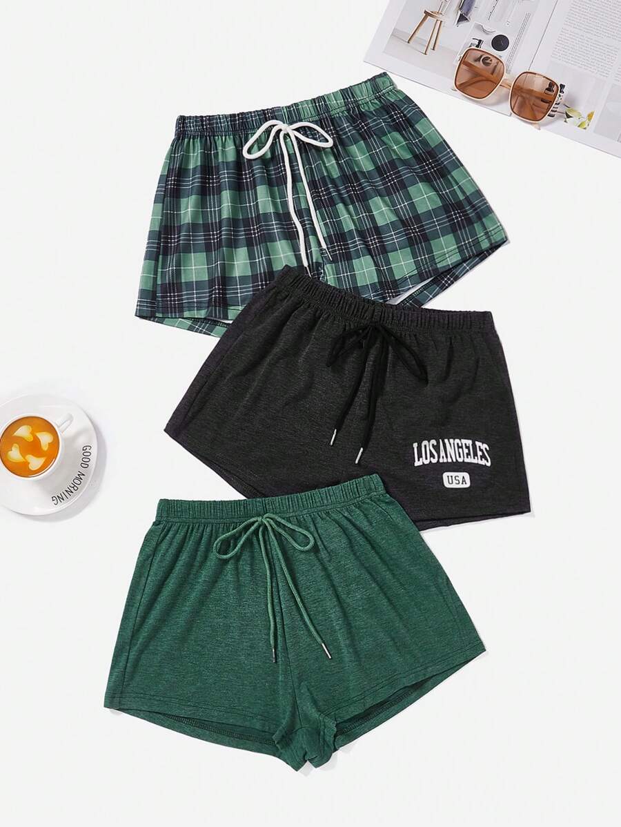 SHEIN 3pcs Plaid & Letter Graphic Drawstring Waist Lounge Shorts Sleep Shorts - Multicolor - View 1