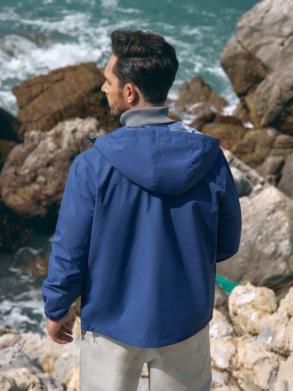Men Letter Graphic Zipper Drawstring Hooded Fishing Jacket