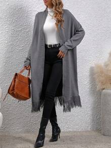 EMERY ROSE Fringe Hem Drop Shoulder Cardigan - Dark Grey - View 5
