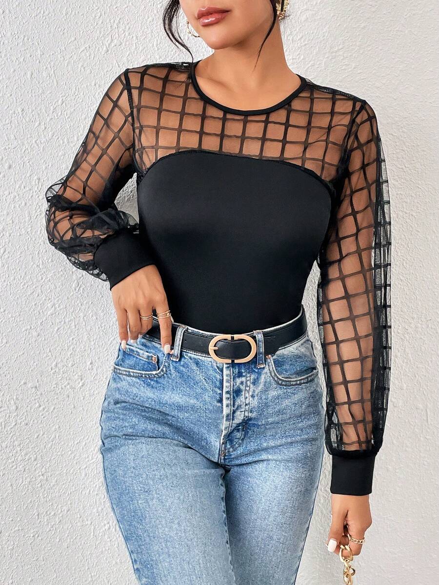SHEIN Privé 網紗拼接拼接燈籠袖上衣 - 黑色 - 查看 1