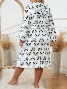 Talla grande Bata con patrón de panda con doble bolsillo con capucha con cinturón de franela - Blanco y Negro - Ver 2