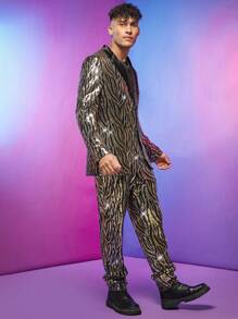 FeverCity Men Zebra Striped Single Breasted Sequin Blazer & Pants Set - Multicolor - View 3