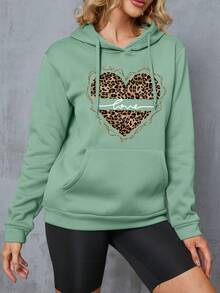 SHEIN Essnce Đồ họa Trái tim & Chữ cái Túi kangaroo Dây rút Hoodie - Màu xanh Bạc hà - Xem 4