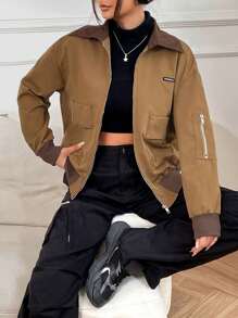 SHEIN Unity Letter Patched Detail Flap Pocket Drop Shoulder Zipper Jacket - Coffee Brown - View 1