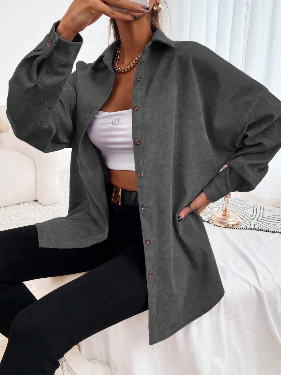 SHEIN Essnce 素色前紐扣燈芯絨襯衫 - 灰色 - 查看 1