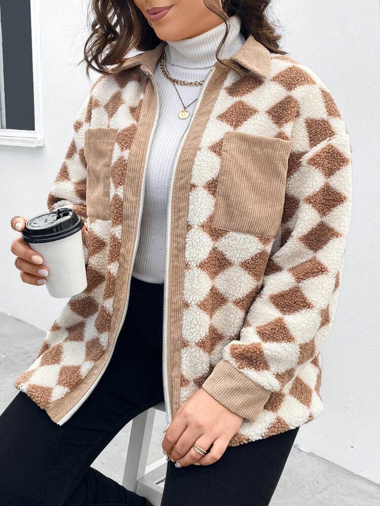 Plus Argyle Pattern Dual Pocket Drop Shoulder Teddy Coat