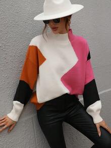 SHEIN LUNE 撞色小高領落肩袖套頭毛衣 - 玫紅色 - 查看 4