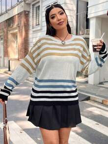 SHEIN Franclia Talla grande Jersey con patrón de rayas de hombros caídos - Multicolor - Ver 3