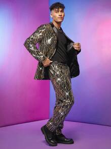 FeverCity Men Zebra Striped Single Breasted Sequin Blazer & Pants Set - Multicolor - View 1