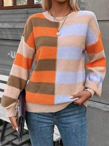 SHEIN LUNE Sọc Khối màu Thả vai Áo len - Nhiều màu - Xem 5