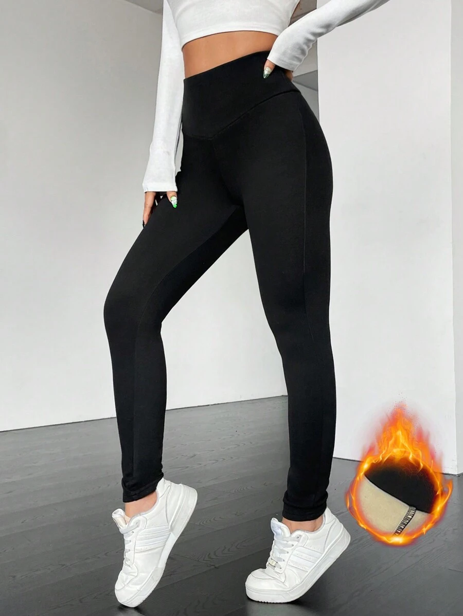 Flirla 素色加絨內裏緊身打底褲