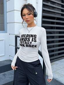 SHEIN Coolane Slogan Graphic Ruched Side Tee - White - View 5
