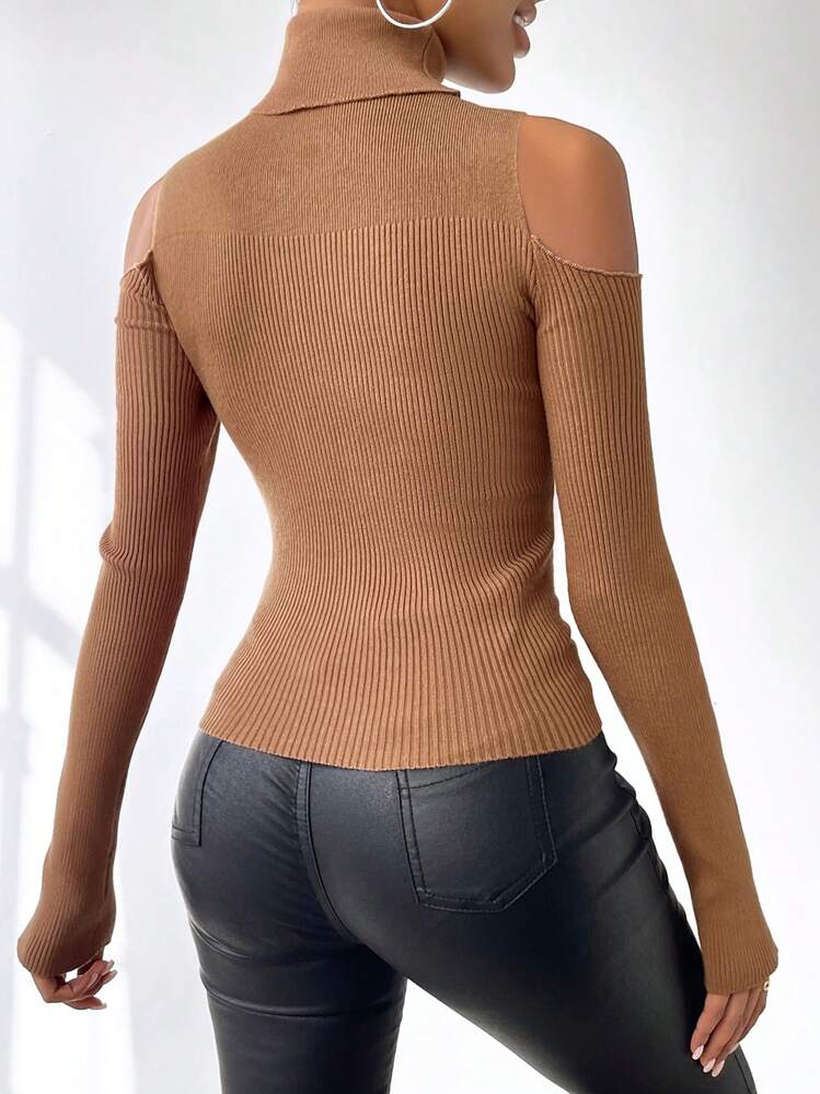 SHEIN Unity Turtleneck Cold Shoulder Ribbed Knit Pullover Fall Winter Sweater - Khaki - View 2