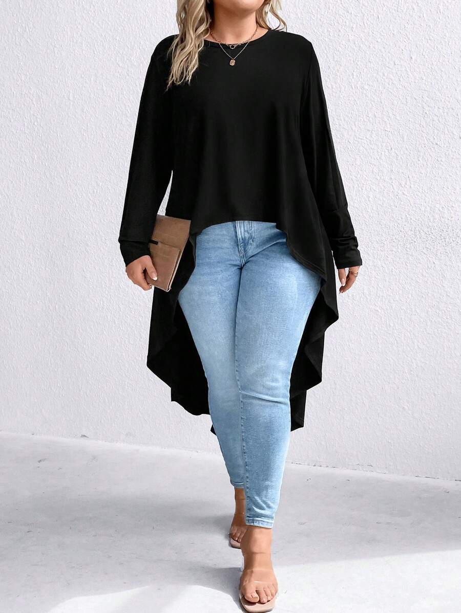 Plus Solid High Low Hem Tee - Black - View 1