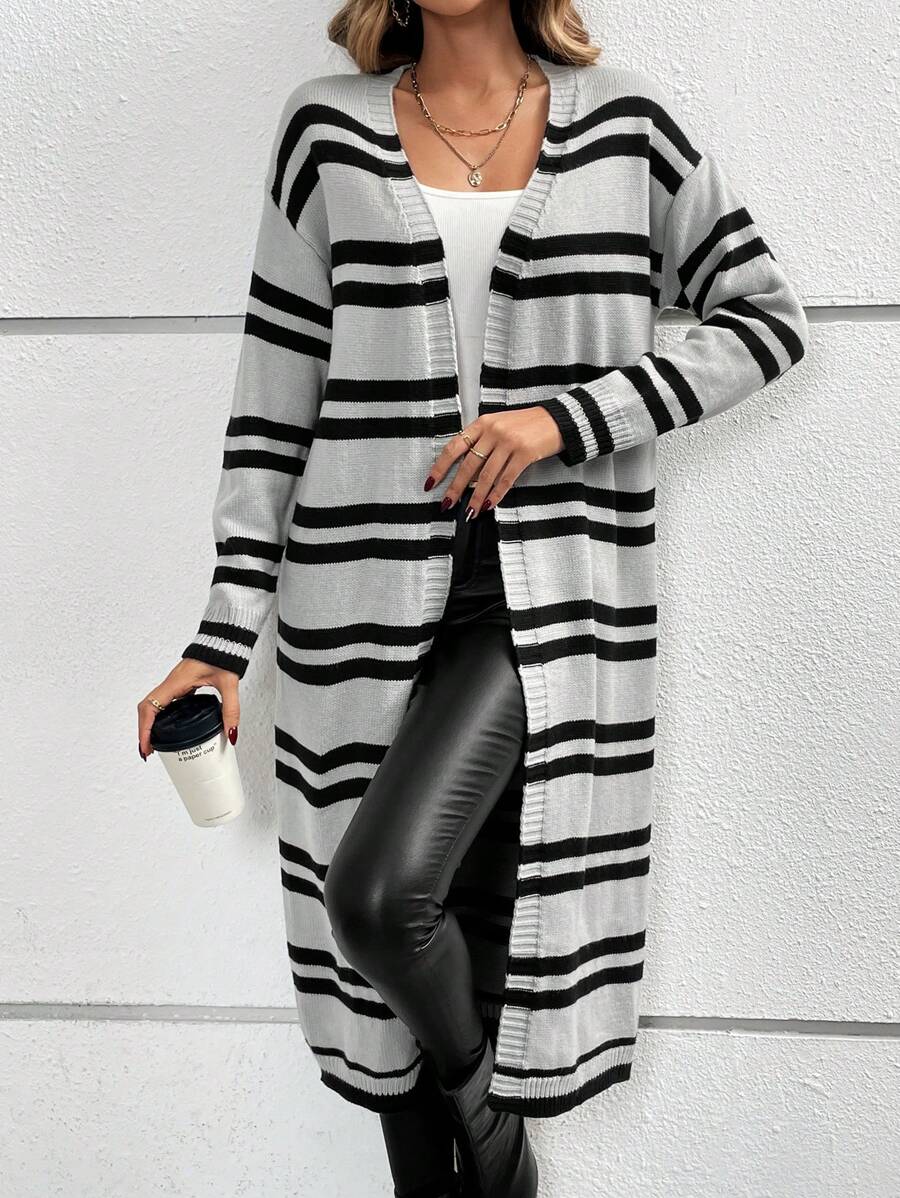 SHEIN Clasi Striped Pattern Drop Shoulder Duster Cardigan - Grey - View 1