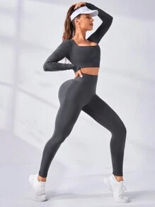 Easithlete 无缝高弹力和颈部运动套装健身套装运动套装女士健身套装女士紧身裤套装 - 灰色 - 查看 3