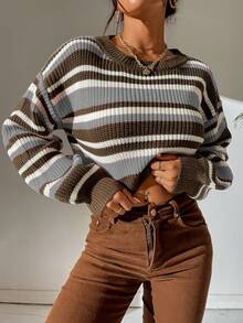 SHEIN Unity Striped Pattern Lantern Sleeve Crop Sweater - Multicolor - View 7