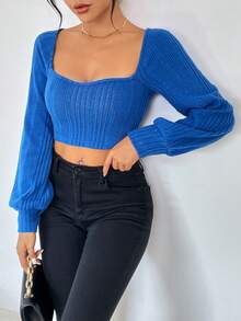 SHEIN Privé 雞心領口燈籠袖短款T恤 - 藍色 - 查看 5