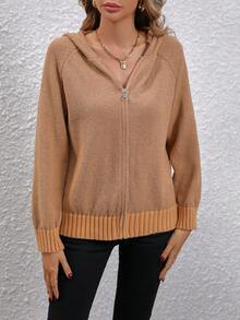 EMERY ROSE 插肩袖拉鏈開襟連帽開襟衫 - 駝色 - 查看 6