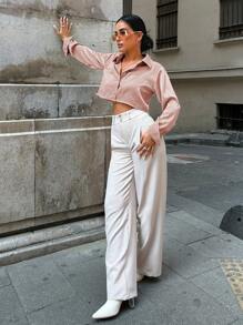 SHEIN PETITE Dual Pocket Cropped Shirt - Pink - View 5