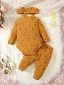 女嬰滿版卡通圖案連身背心和褲子＆ 頭巾 - 彩色 - 查看 2