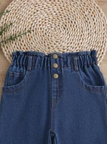 SHEIN Young Girl Casual Boho Daily Dark Wash Paperback With Waist Flat Pockets Mom Jeans Summer Holiday - Dark Wash - View 3