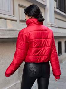 EURMUSE Women'S Red Zipper Stand Collar Short Padded Jacket - Red - View 2