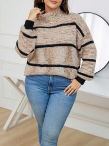 SHEIN LUNE Plus Striped Pattern Mock Neck Drop Shoulder Sweater - Khaki - View 4