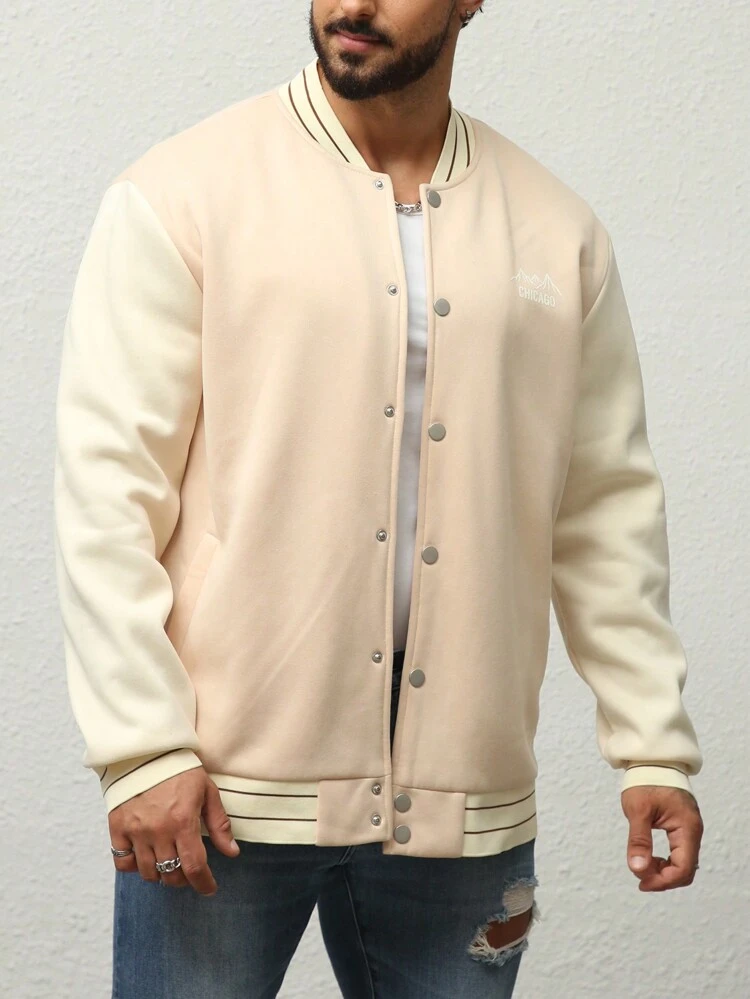 Men Plus Letter Graphic Colorblock Striped Trim Varsity Jacket