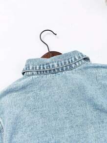 少女雙口袋單排扣短款牛仔外套 - 淺色水洗藍 - 查看 5