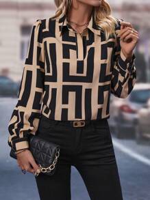 SHEIN Clasi Blusa con estampado total y mangas de farol, blusas de manga larga - Multicolor - Ver 3