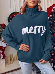 SHEIN Frenchy 字母植绒高领蝙蝠袖针织套头衫秋冬毛衣 - 藍色 - 查看 3