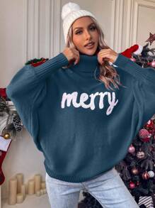 SHEIN Frenchy 字母植绒高领蝙蝠袖针织套头衫秋冬毛衣 - 藍色 - 查看 4